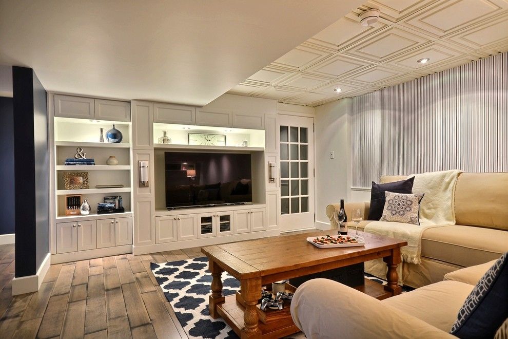 Cicero Theater for a Transitional Basement with a Suspended Ceiling and Blue Dream Basement by Melyssa Robert Designer