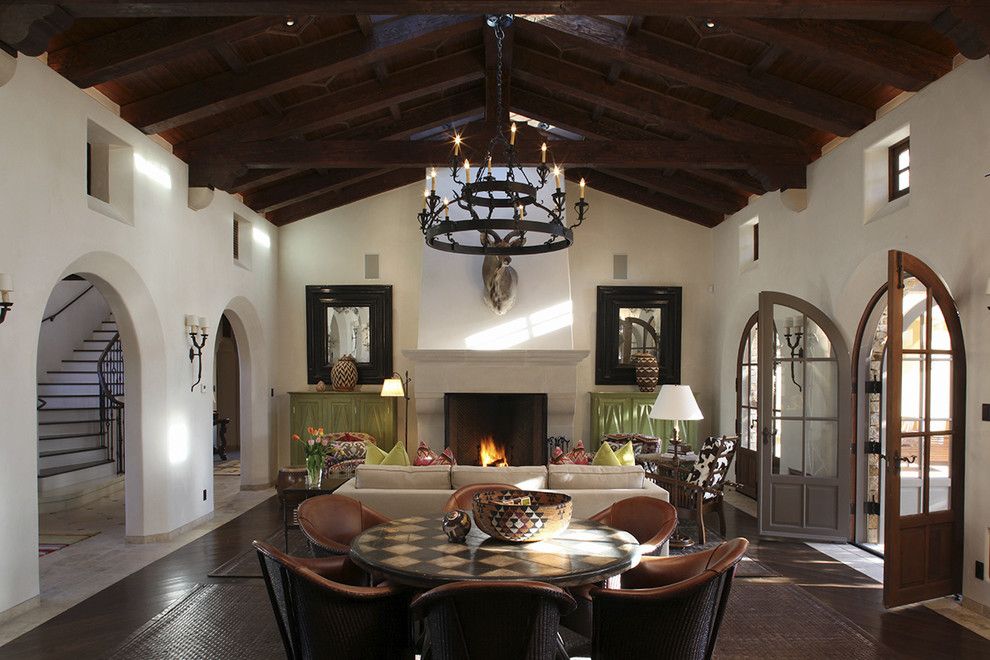 Cielo Ranch for a Mediterranean Living Room with a Wood Trusses and Spanish Colonial Hacienda, Carmel, California by John Malick & Associates