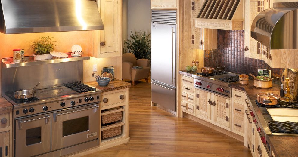 Clarks Appliances for a Contemporary Kitchen with a Clarke Showroom and Zebra Wood Counters and Basket Weaved Cabinets by Clarke Appliance Showrooms