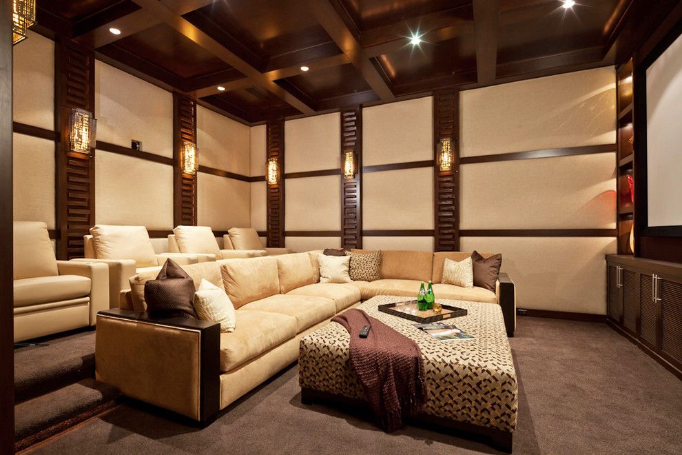 Clarksville Movie Theater for a Contemporary Home Theater with a Beige Patterned Ottoman and San Andreas by Blackbird Interiors