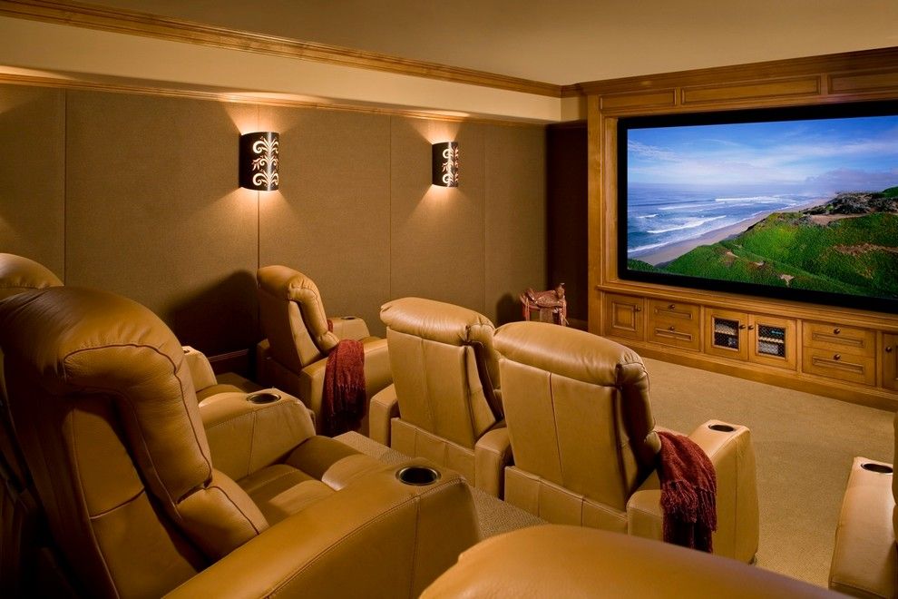 Clarksville Movie Theater for a Rustic Home Theater with a Padded Beige Wall and Santa Lucia Preserve Ranch, Carmel Ca by Andrea Bartholick Pace Interior Design