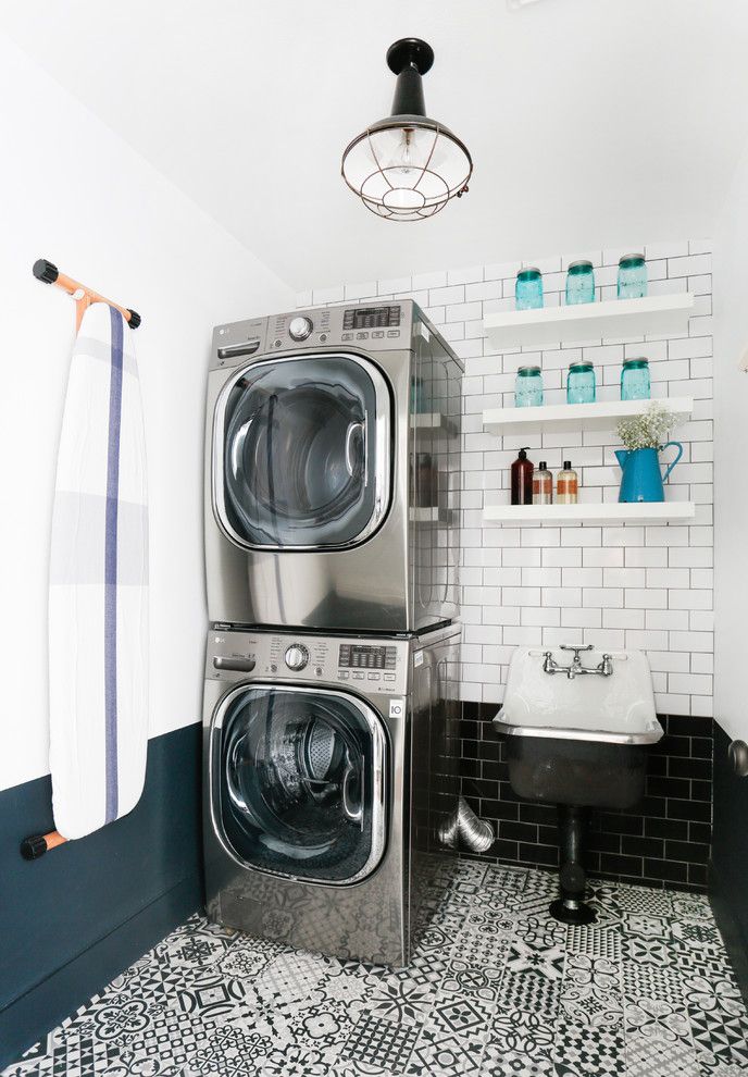 Cleaning Front Load Washer for a Transitional Laundry Room with a Patterned Floor Tile and Agoura Project by Thea Home Inc