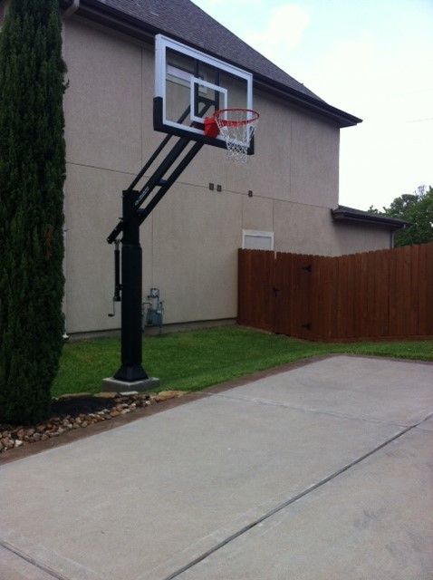 College Basketball Court Dimensions for a Traditional Landscape with a Best and Dean T's Pro Dunk Gold Basketball System on a 35x30 in Cypress, Tx by Pro Dunk Hoops