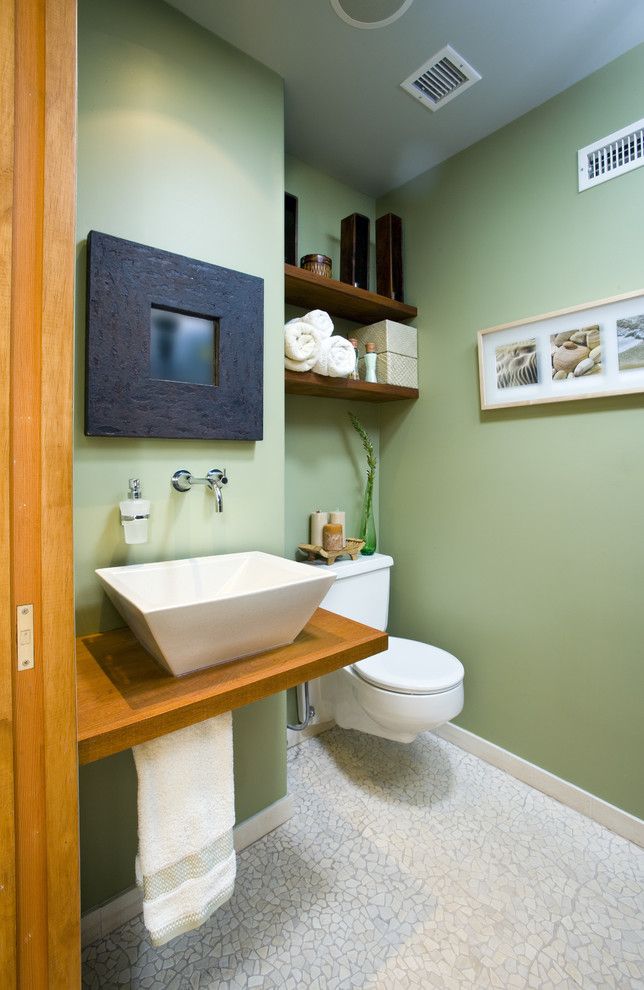 Commode Definition for a Contemporary Bathroom with a Floating Shelves and Zen Bath by Erica Islas  / Emi Interior Design, Inc.