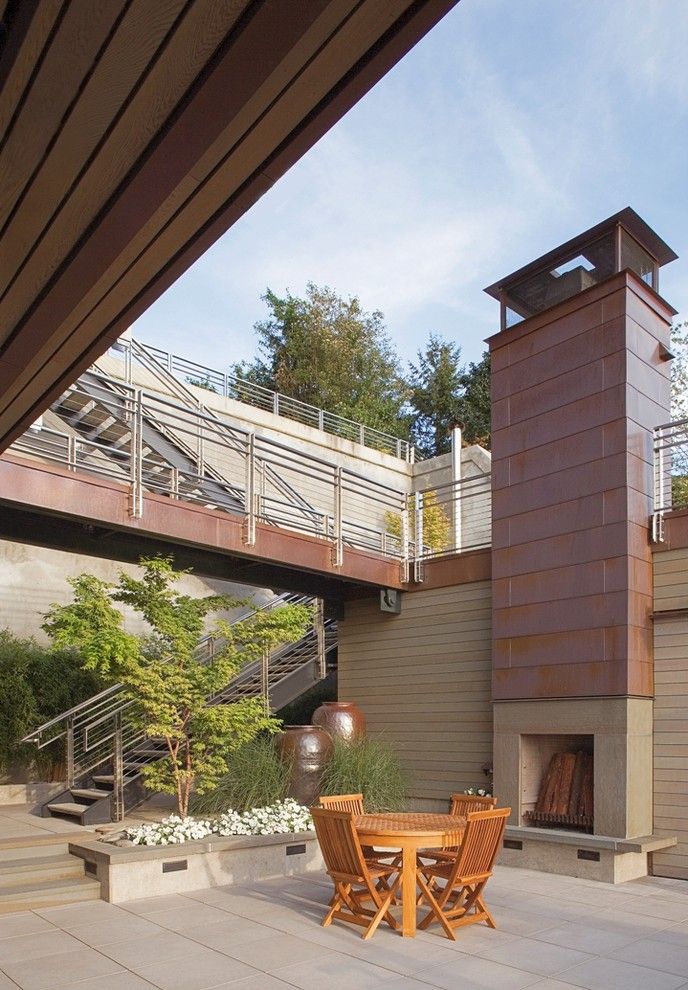 Copper Chimney for a Contemporary Patio with a Bridge and Cliff House Outdoor Entertaining Area by Scott Allen Architecture