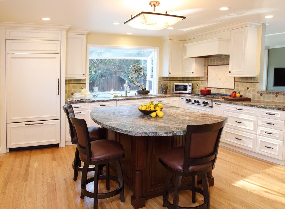 Cordovan Color for a Traditional Kitchen with a White Tile Stove Backsplash and Lamperti Contracting & Design by Lamperti Contracting & Design