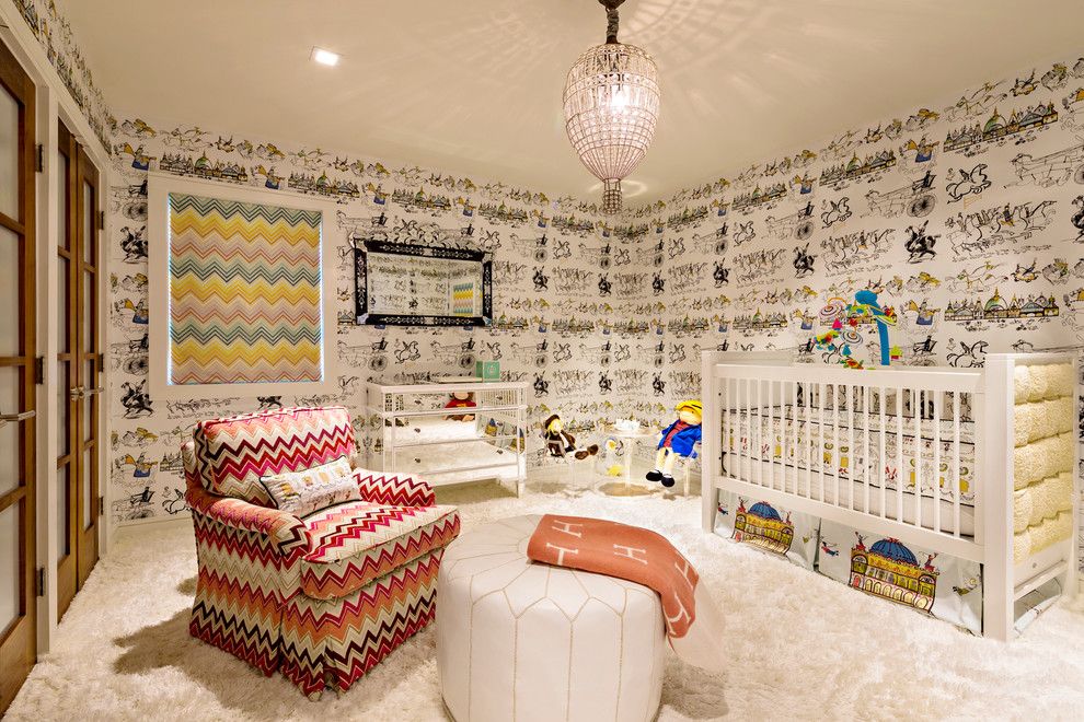 Currey and Co for a Contemporary Nursery with a Wallpaper and Old Westbury House by Hubley Design Interiors, Llc