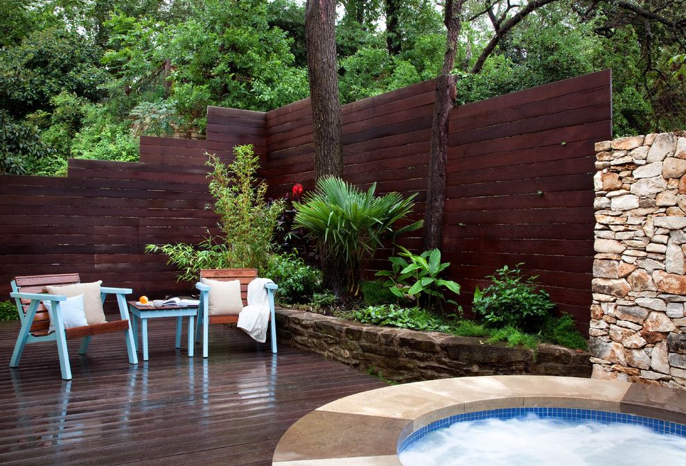 Dads Garage for a Contemporary Patio with a Retreat and Travis Heights Master Patio by B. Jane Gardens