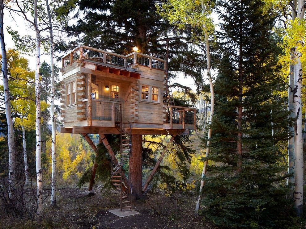 Dads Garage for a Rustic Exterior with a Outdoor Lighting and Colorado Treehouse by Missy Brown Design