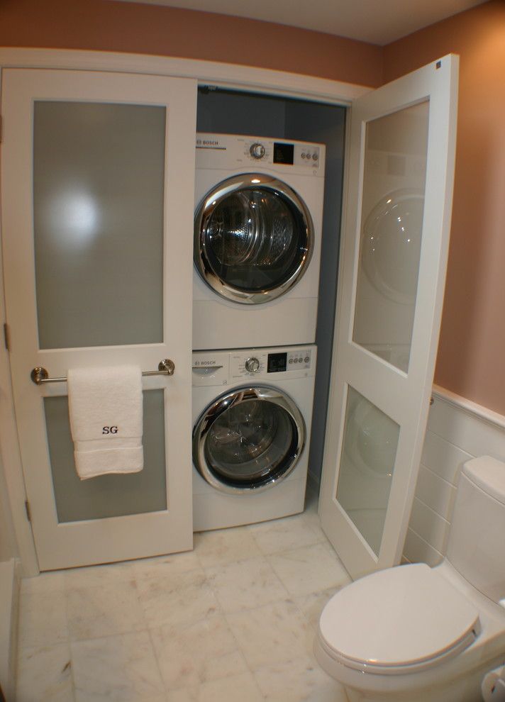 Dayton Door Sales for a Transitional Laundry Room with a Stackable Washer and Dryer and Master Bath / Laundry by Artisan Kitchens Inc.