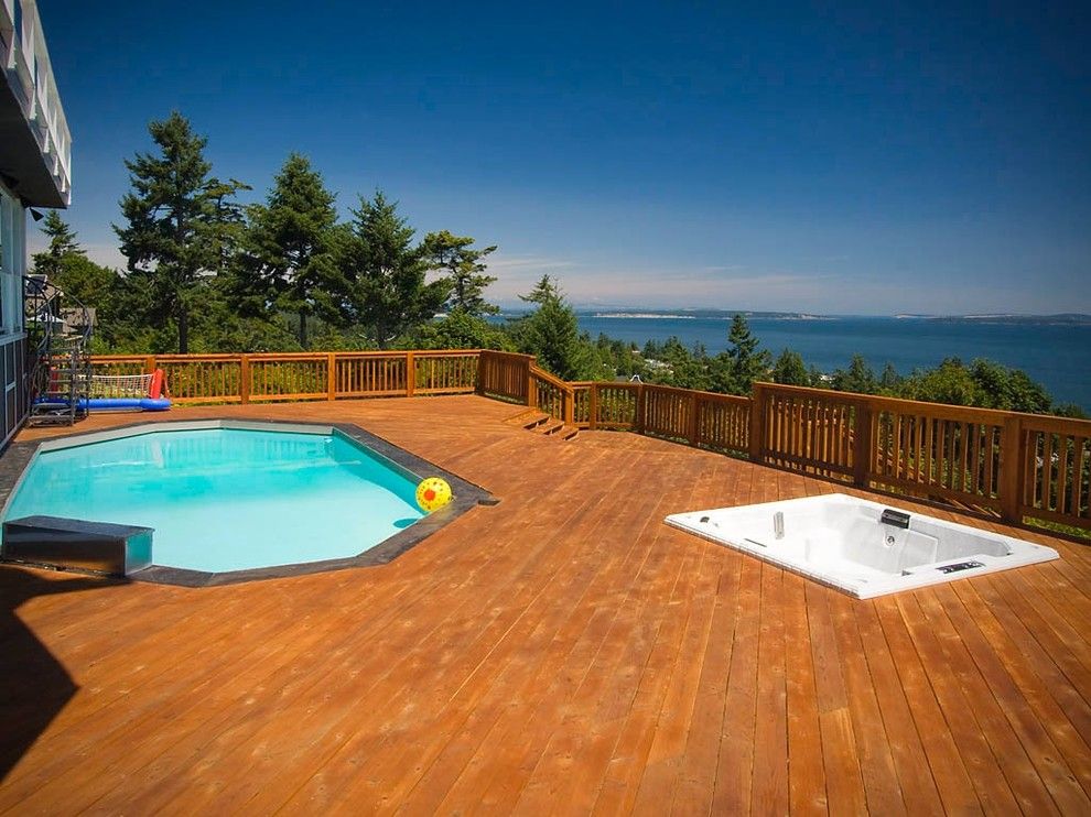 Dc2ny for a Contemporary Deck with a Clean and Cordova Bay, View, Deck, Pool, Reclaimed, Heritage Fir Floors, by Aryze Development and Construction, Victoria Bc
