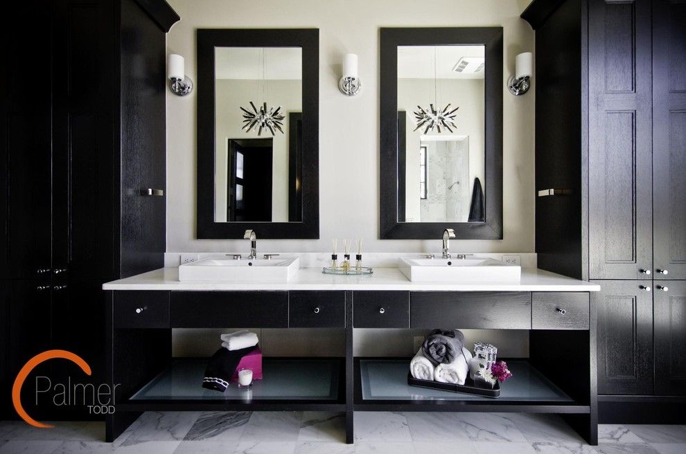 Deans Supply for a Modern Bathroom with a Dark Vanity and Elegant Chic Bathroom by Palmer Todd