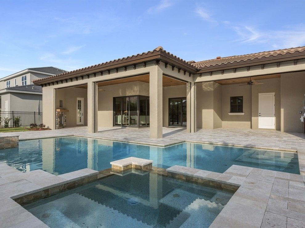 Del Webb Orlando for a Transitional Pool with a Spa Overflowing Into Pool and Beautiful Tuscan Villa  in Windermere Florida's, Casa Del Lago by Element Home Builders