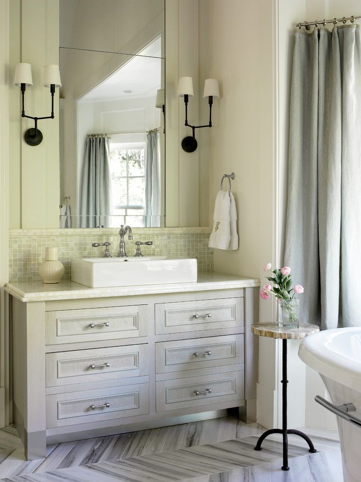 Delta Faucet Warranty for a Traditional Bathroom with a Rectangular Vessel Sink and Master Bath Renovation by Liz Williams Interiors