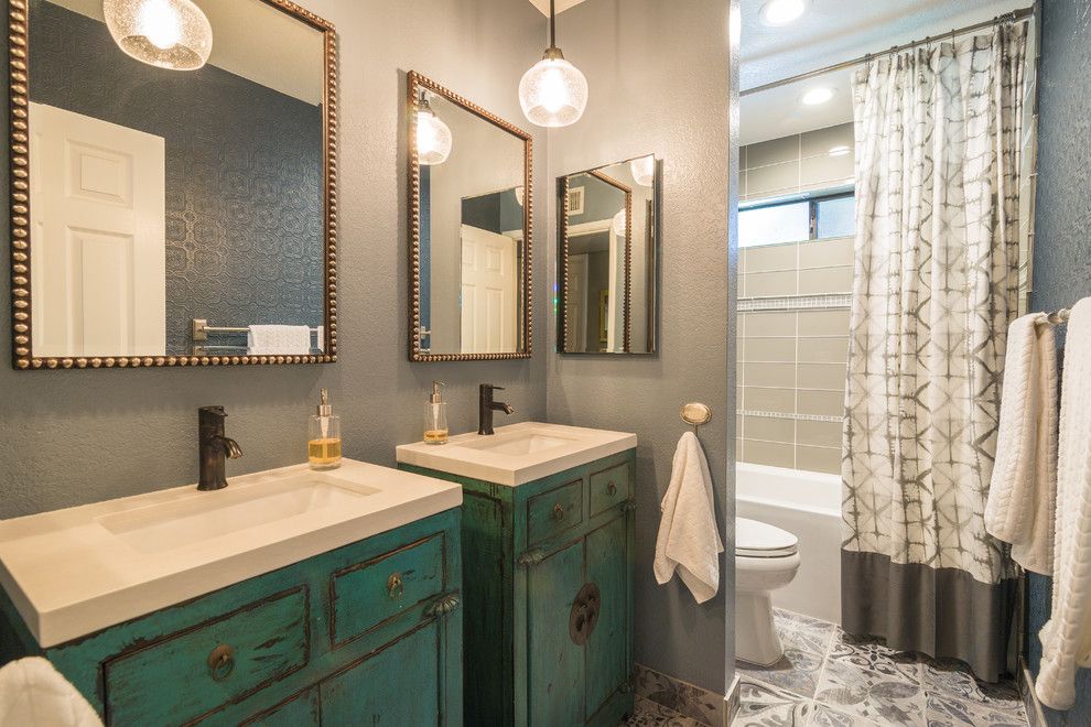 Distressing Furniture for a Transitional Bathroom with a Pendants in Bathroom and Fun Eclectic Spaces by Elle Interiors, Ellinor Ellefson