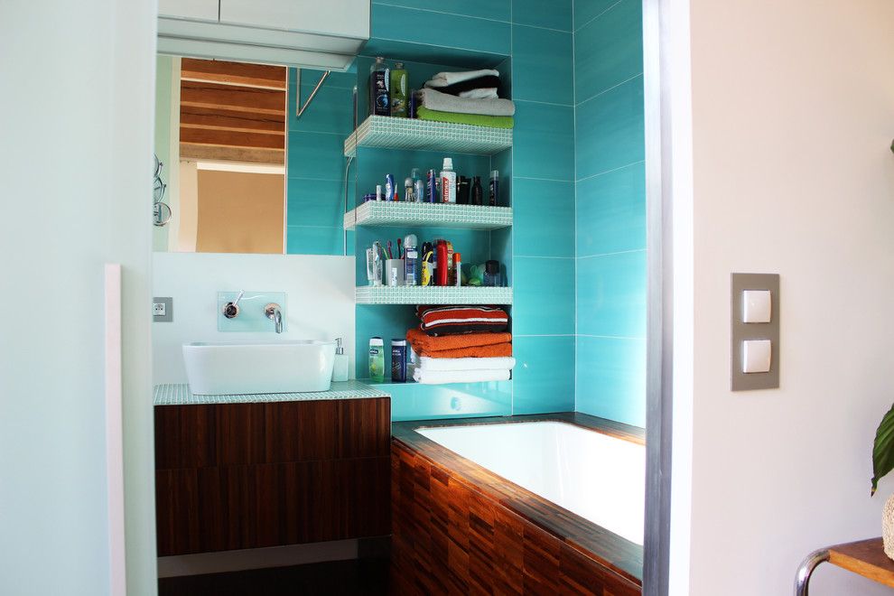 Diy Sunburst Mirror for a Industrial Bathroom with a Aqua Tile and My Houzz: Diy Love Pays Off in a Small Prague Apartment by Martin Hulala