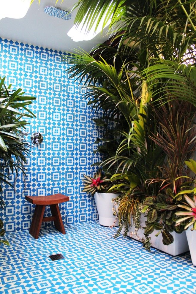 Dolphin Carpet and Tile for a Mediterranean Patio with a Fez Design and Adrianna Lopez Long Beach House by Granada Tile