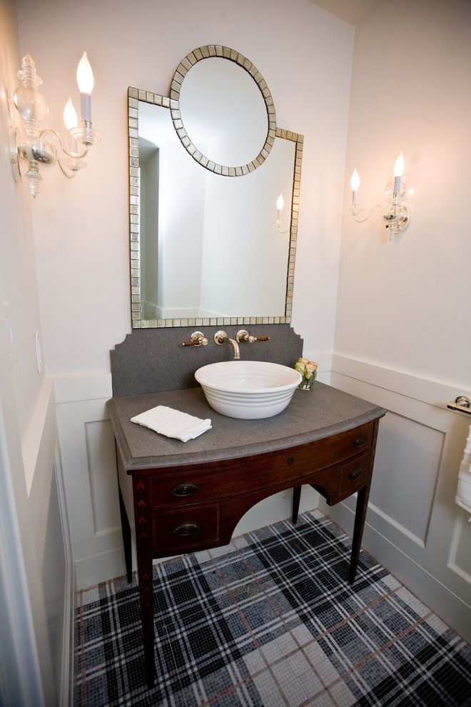 Dolphin Carpet and Tile for a Traditional Bathroom with a Vessel Sink and La Jolla Muirlands Home by Andrea May Hunter/gatherer