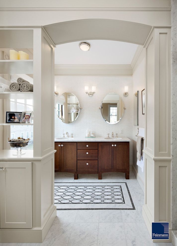 Dolphin Carpet and Tile for a Victorian Bathroom with a Dark Wood Cabinets and Room to Grow by Feinmann, Inc.