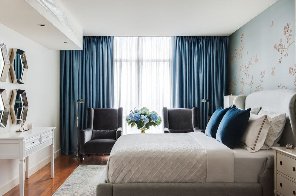 Drakes Landing for a Transitional Bedroom with a Blue Curtains and Southbank Penthouse by Alexander Pollock Interiors
