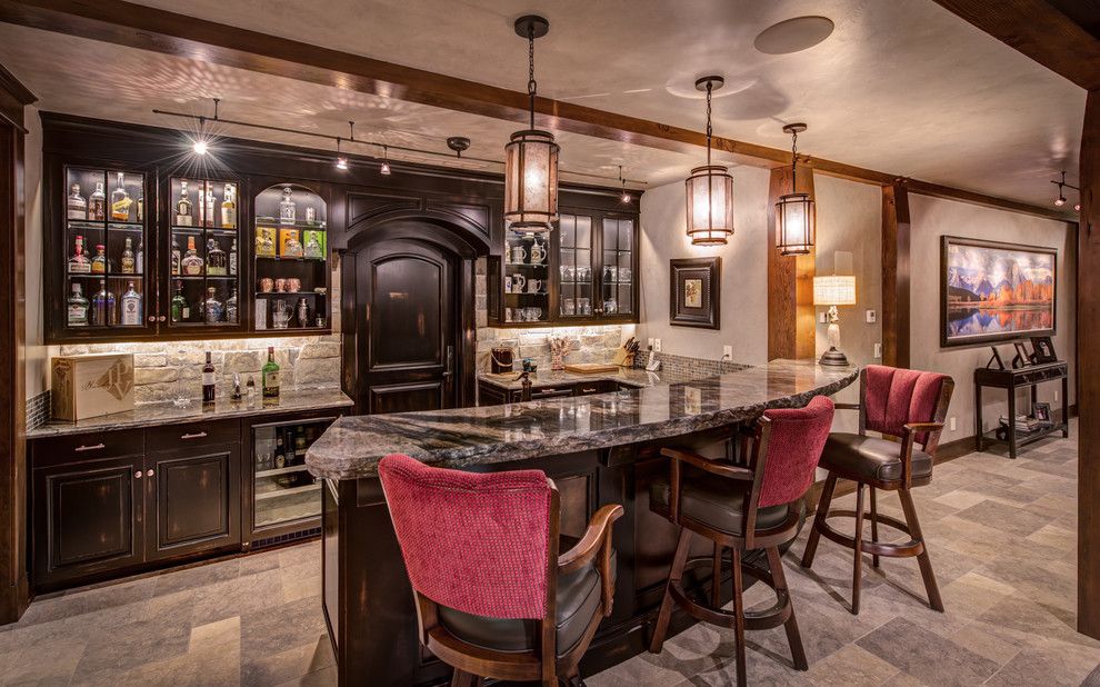 Dry Bar Upper East Side for a Rustic Home Bar with a Under Counter Refrigerator and Timber Frame Contemporary by Damon Searles Photography