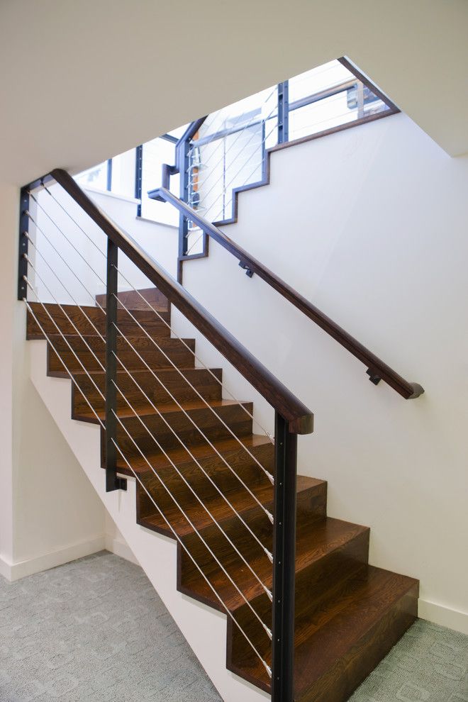Drywall Textures for a Modern Staircase with a Cable Railing and Nw Homes by Vanillawood