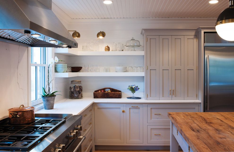 El Capitan High School for a Farmhouse Kitchen with a Floating Shelves and Farmhouse Kitchen with a Mid Century Twist by Crown Point Cabinetry