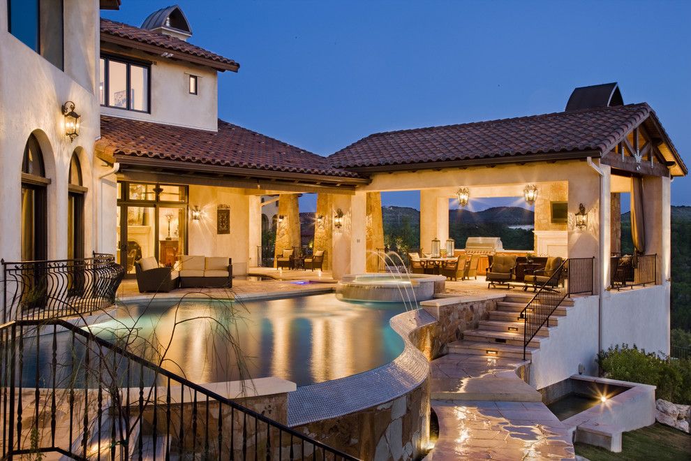 El Dorado Hills Theater for a Mediterranean Pool with a Covered Patio and Rough Hollow Outdoor Living by Cornerstone Architects