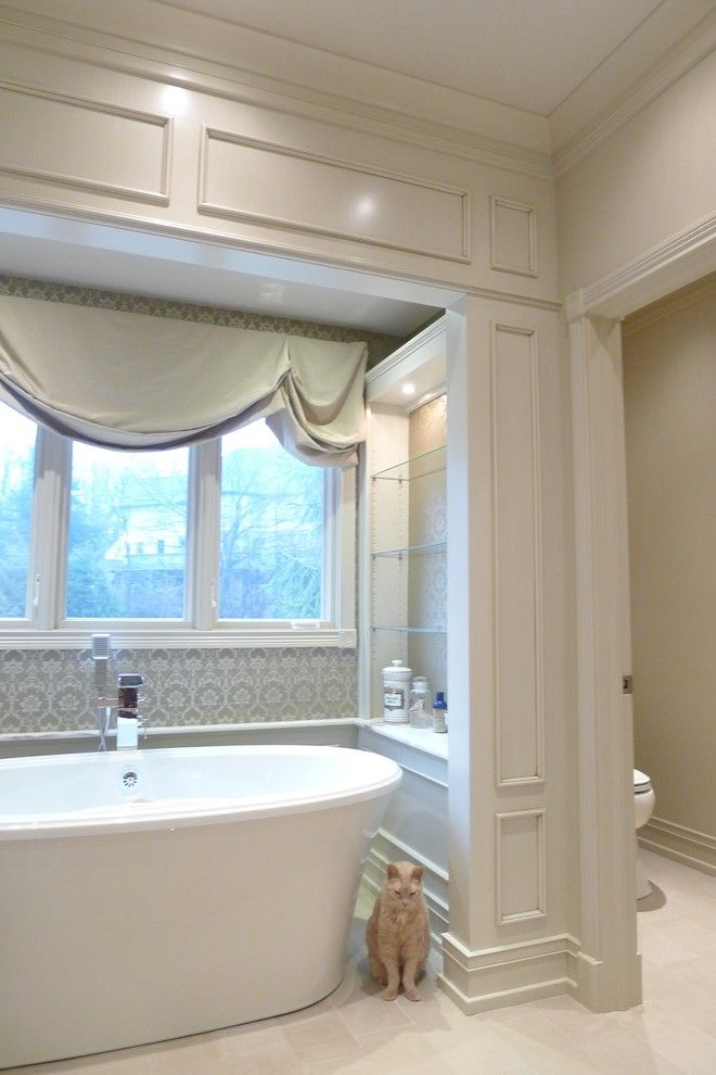 Female Cat Spraying for a Transitional Bathroom with a Electric Lit Mirror and Stunning Master Bathroom by Susan Brook Interiors