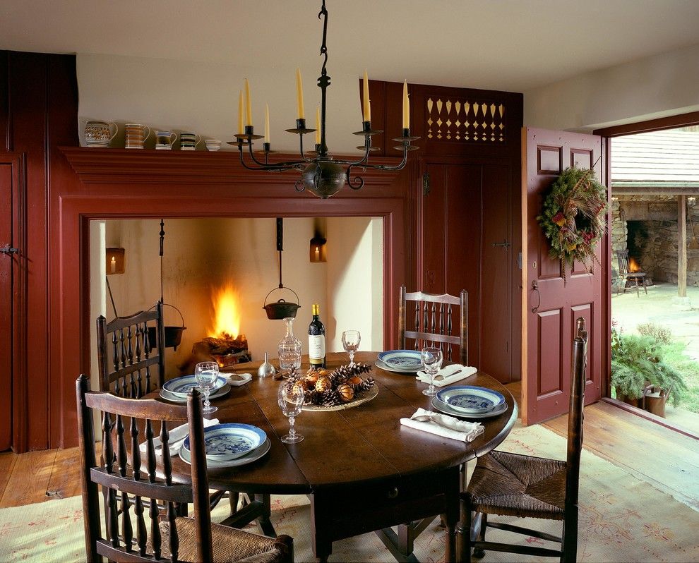 Fireplace Fashions for a Farmhouse Dining Room with a Historic and Restoration and Addition to the Abiah Taylor House by John Milner Architects, Inc.