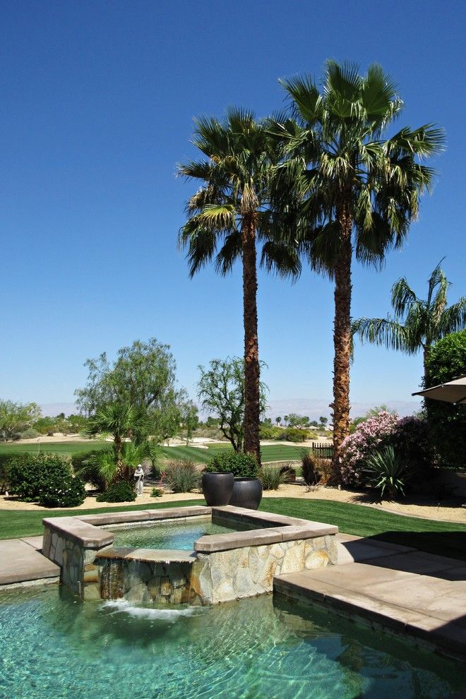 Fox Hills Golf Course for a Transitional Pool with a Palm Trees and Transitional   Golf Course Palm Trees by Pool and Jacuzzi with Waterfall Feature by Cedar Hill Cabinets