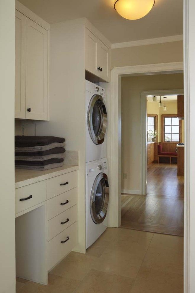 Front Load Washer Smell for a Traditional Laundry Room with a Stacked Washer Dryer and 1920's Traditional   Whole House Renovation by Koch Architects, Inc.  Joanne Koch