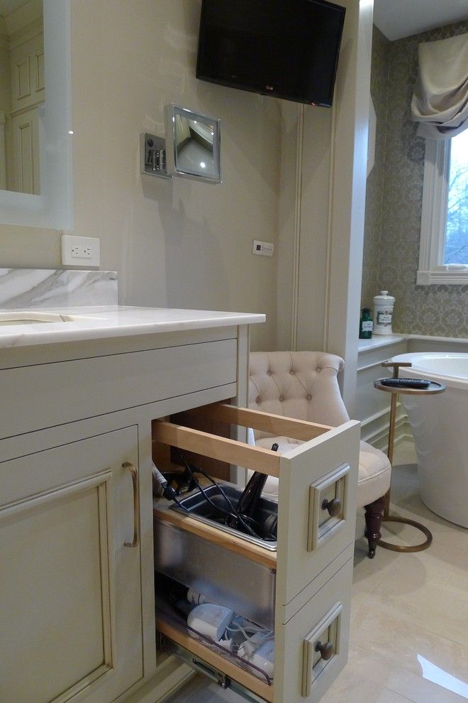 Gas Dryer vs Electric Dryer for a Transitional Bathroom with a Beige Gold Porcelain Tiles and Stunning Master Bathroom by Susan Brook Interiors