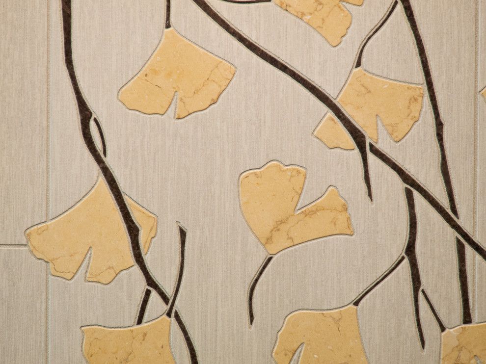 Ginkgo Leaves for a Asian Bathroom with a Porcelain Tile and Chehalem Hills by Smithcraft Fine Construction