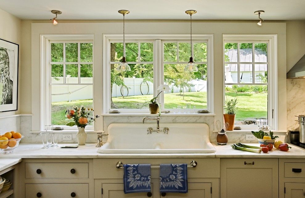 Glass House New Canaan for a Traditional Kitchen with a Glass Pendants and Repurposing a Salvaged Sink by Smith & Vansant Architects Pc