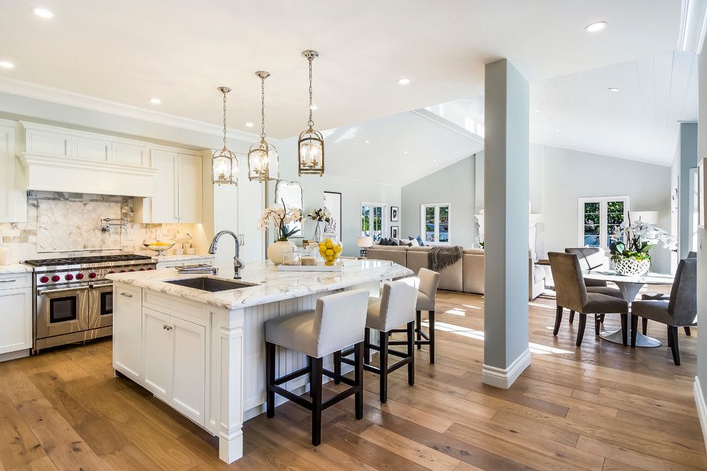 Green Thumb Ventura for a Contemporary Kitchen with a Island Sink and a Beautiful Open Plan Kichen with Marina Oak Wood Floors Designed by Architect M by Hallmark Floors