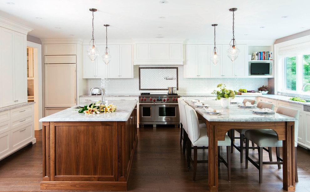 Grimesland Nc for a Transitional Kitchen with a Dark Wood Floors and Outside Toronto by Meghan Carter Design, Inc.