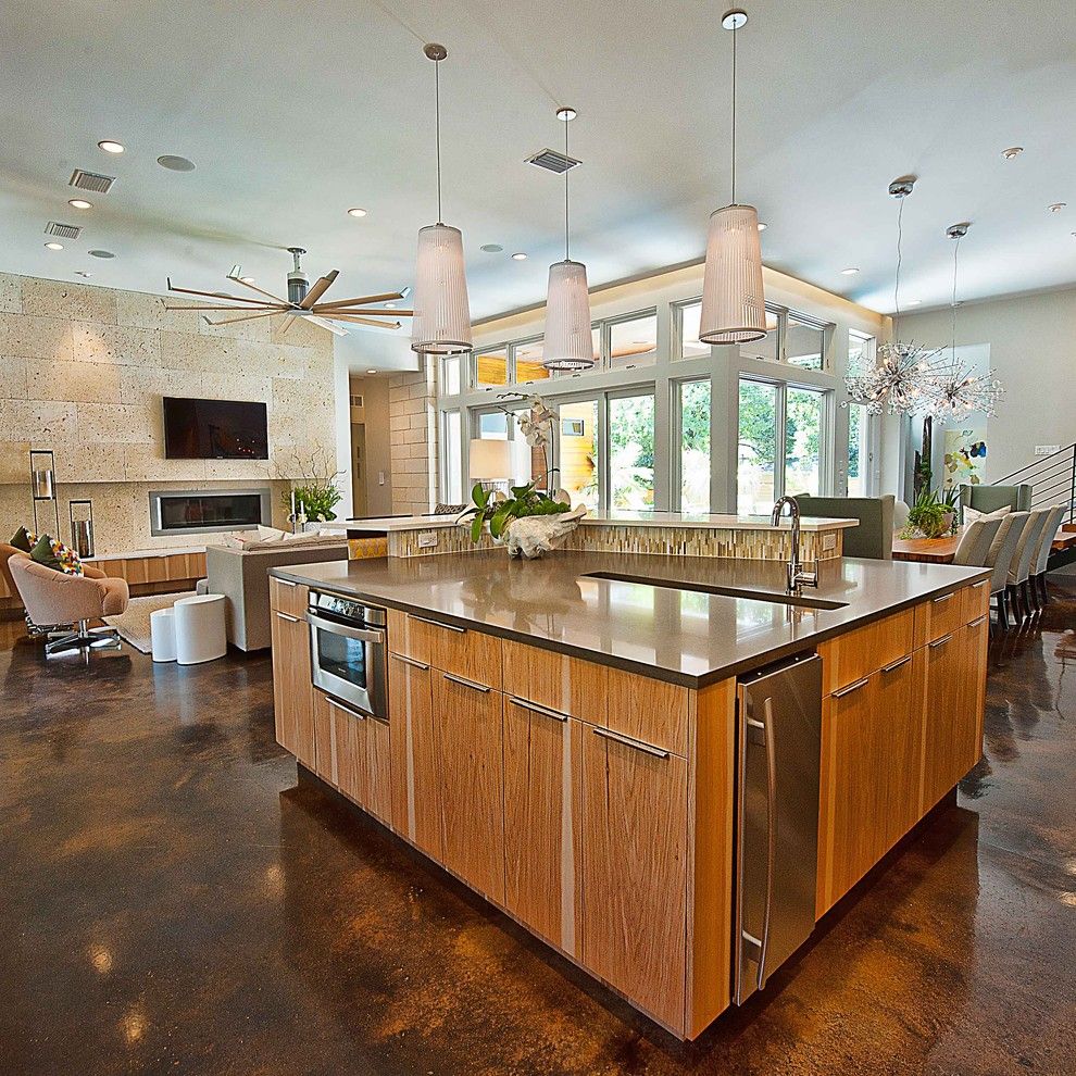 H&c Concrete Stain for a Contemporary Kitchen with a Great Room and Bowman Kitchen by Cornerstone Architects