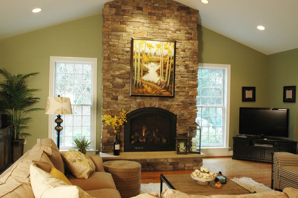 Hearth and Grill for a Traditional Living Room with a Cathedral Ceiling and Expansion in Kensington by Merrick Design and Build Inc.