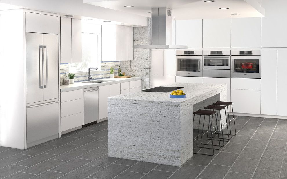 Heath Ceramics for a Contemporary Kitchen with a Waterfall Countertop and Bosch Home Appliances by Bosch Home Appliances