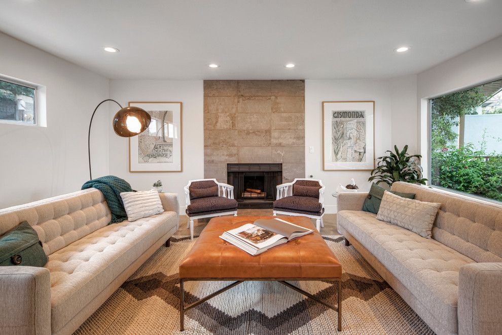 Hgtv Designers for a Contemporary Living Room with a Beige Tile Fireplace and Rotary Dr, Silverlake by Hls Remodeling and Design Inc.