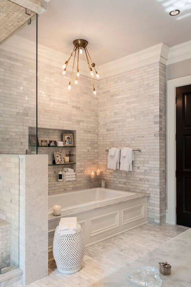 Hgtv Designers for a Transitional Bathroom with a Vintage Lighting and Recent Work  Indiana Private Residence by Shannon Connor / Maison, Llc.