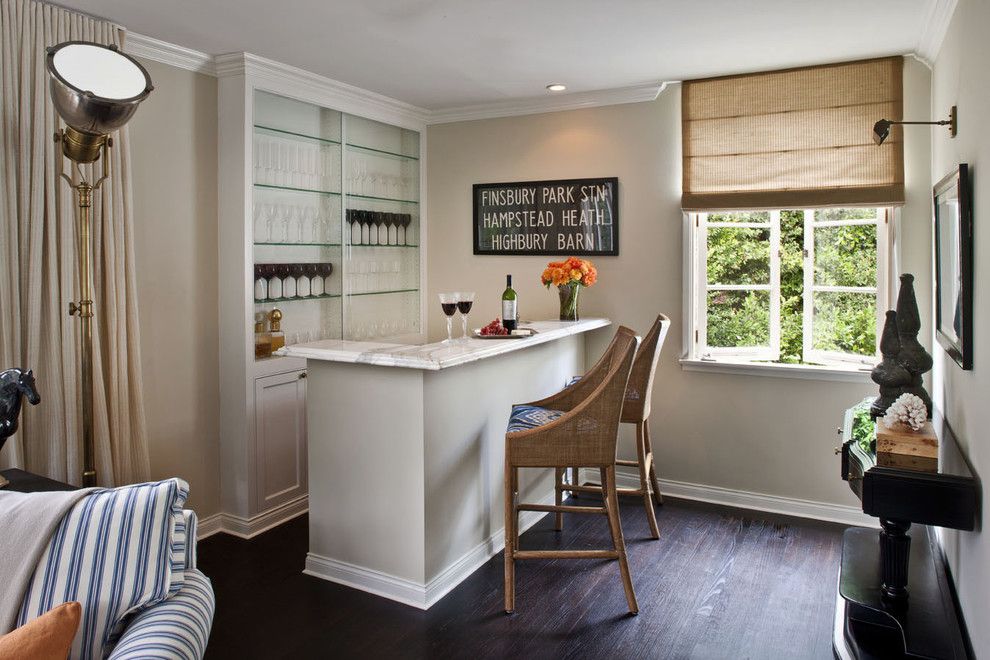 Homesmart Realty for a Transitional Home Bar with a Blue and White Striped Sofa and Bar by Jeneration Interiors