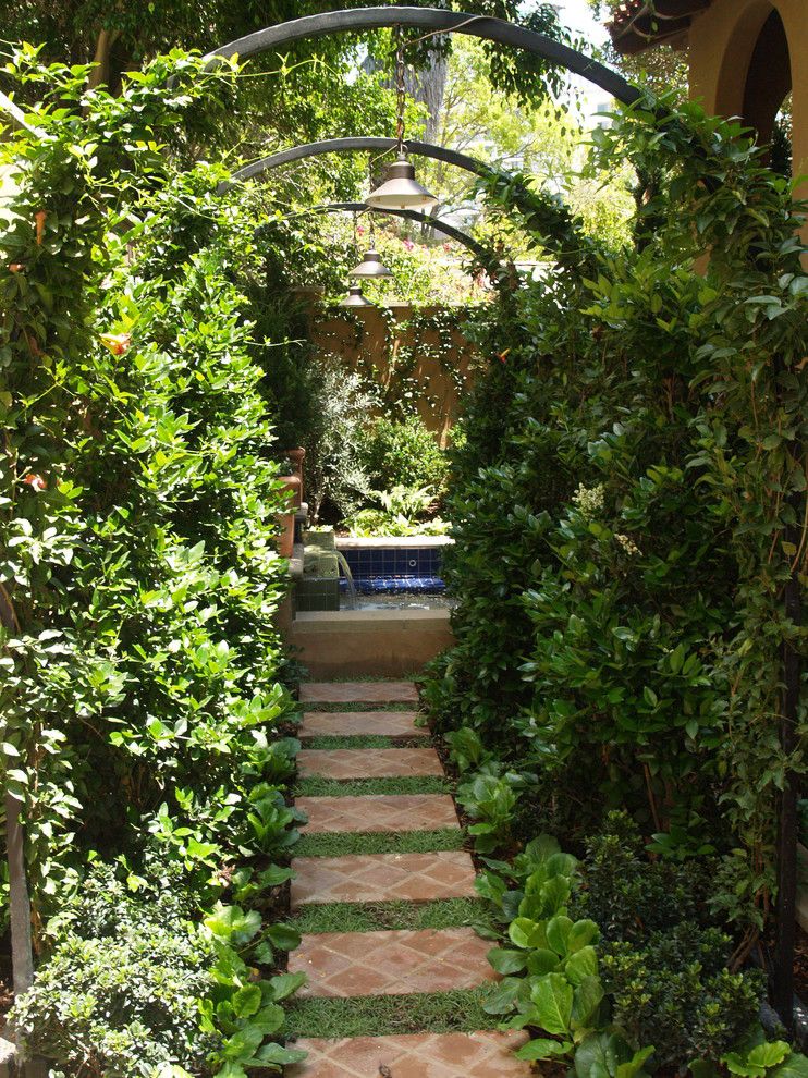 Hop Trellis for a Mediterranean Landscape with a Custom Malibu Tile Xfountain Xlions Head Xwater Feature and Los Angeles Residence by Integration Design Studio, Landscape Architects