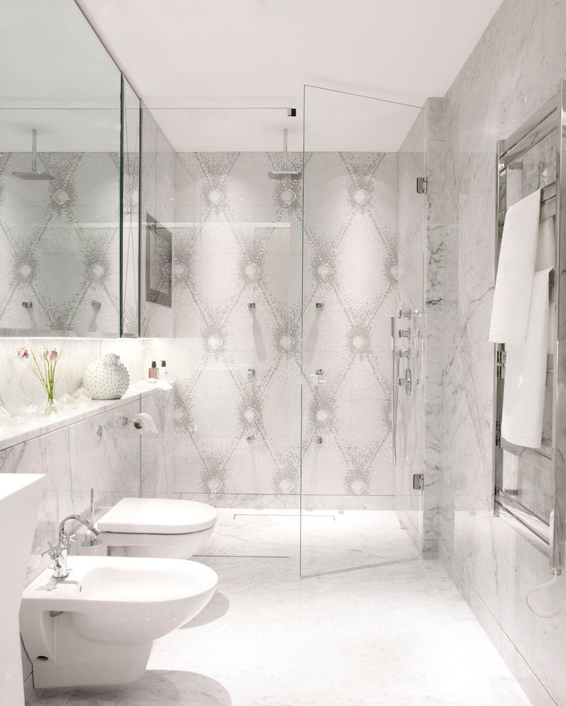 How Does a Bidet Work for a Contemporary Bathroom with a Gray Mosaic Wall and Mayfair Apartment Bathroom by Oliver Burns