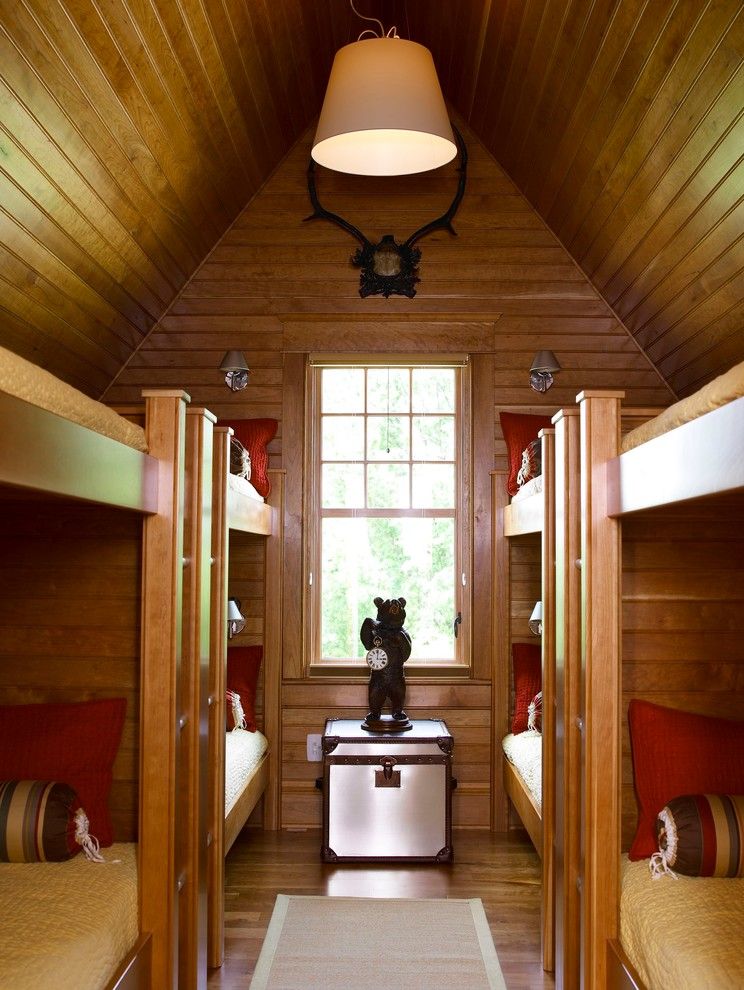 How Long is a Twin Xl Bed for a Traditional Bedroom with a Wood Beam and Bunk Room Sleeps 8 by Purple Cherry Architects
