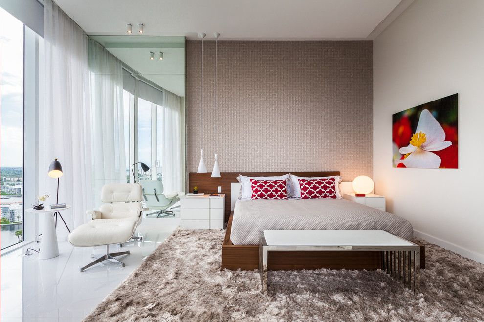 How to Clean a Shag Rug for a Contemporary Bedroom with a Sheer White Curtains and Bellini | Williams Island | Aventura by Guimar Urbina | Kis Interior Design