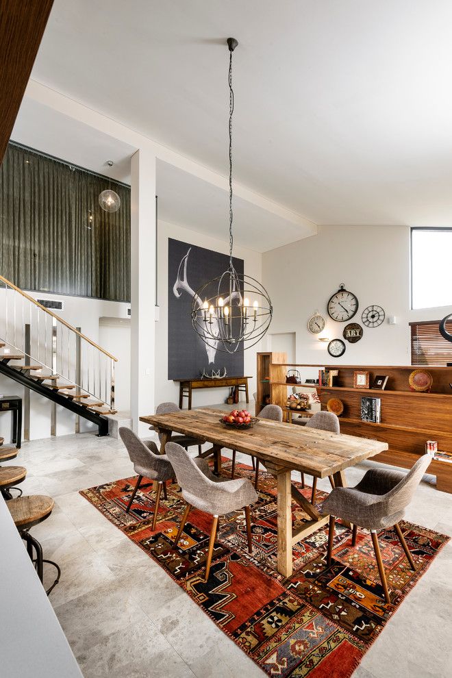 How to Clean a Shag Rug for a Contemporary Dining Room with a Floating Stairs and the Bletchley Loft by Jodie Cooper Design