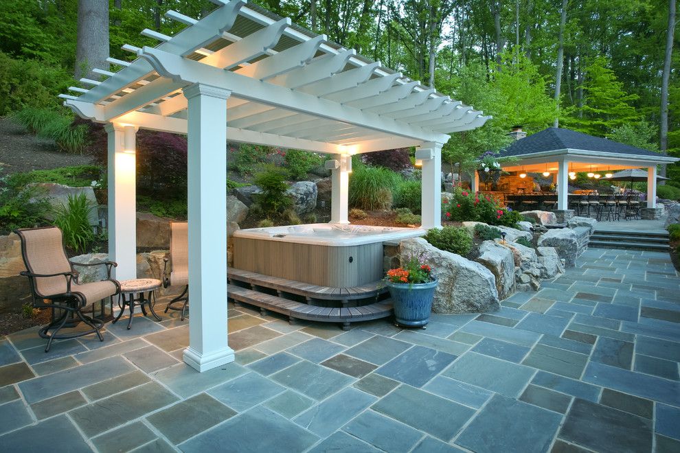How to Clean Jetted Tub for a Traditional Patio with a Outdoor Seating and Fiberglass Pergola Covering Hot Tub by Fine Decks Inc