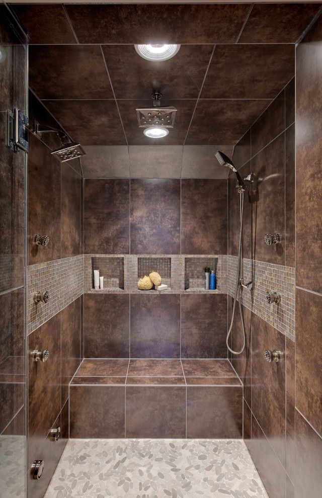 How to Fix Holes in Drywall for a Contemporary Bathroom with a Rain Shower Head and Transitional Master Bath by Drury Design